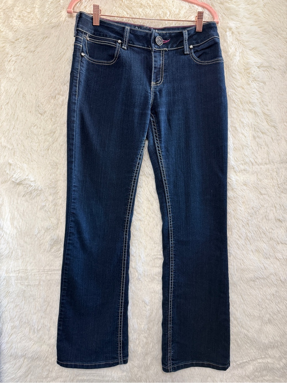 Wrangler Womens Western Mid Rise Bootcut Jeans Size 5/6 Dark Wash Pink Stitch